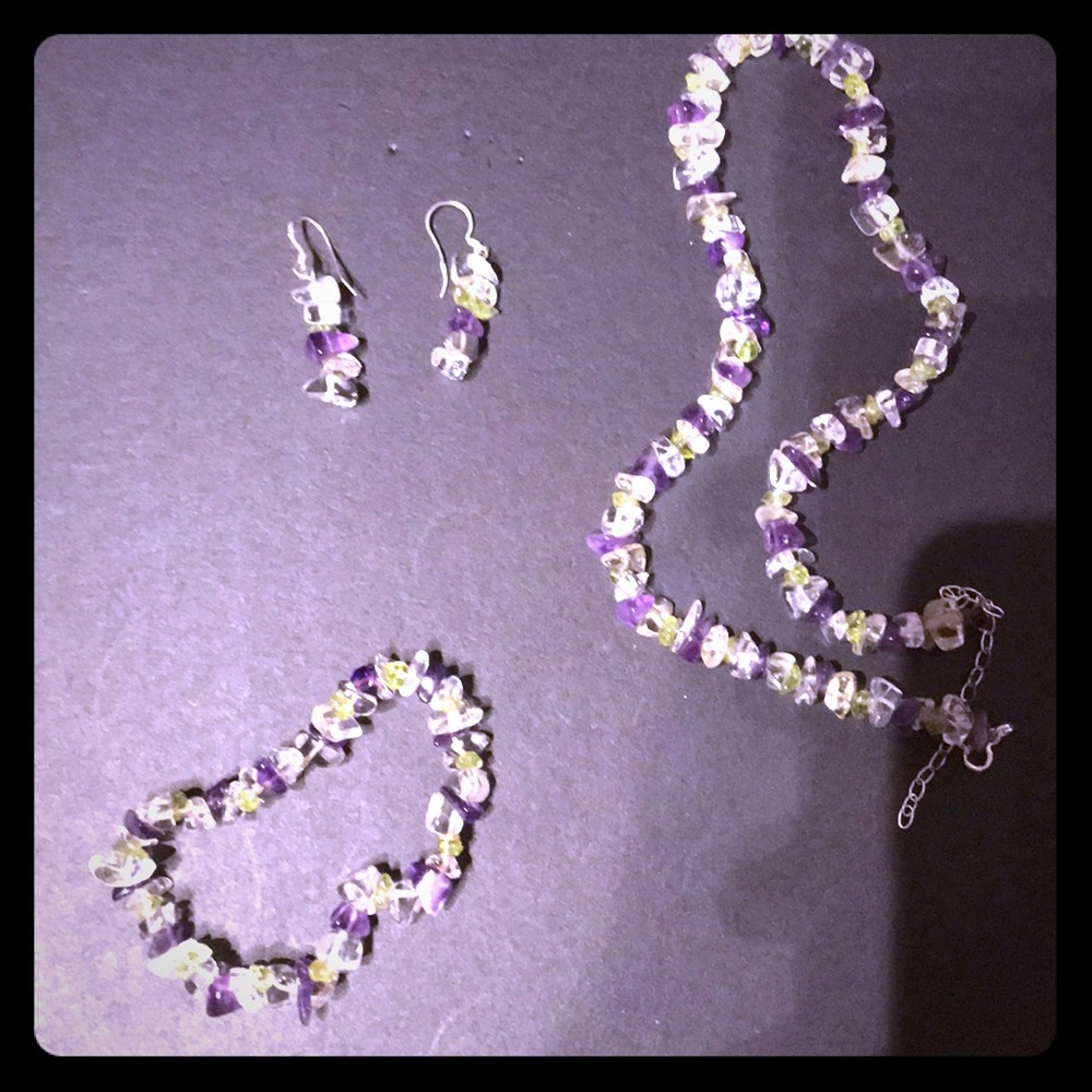 Matching Set 3 pieces Crystal Silver green/purple/clear stone